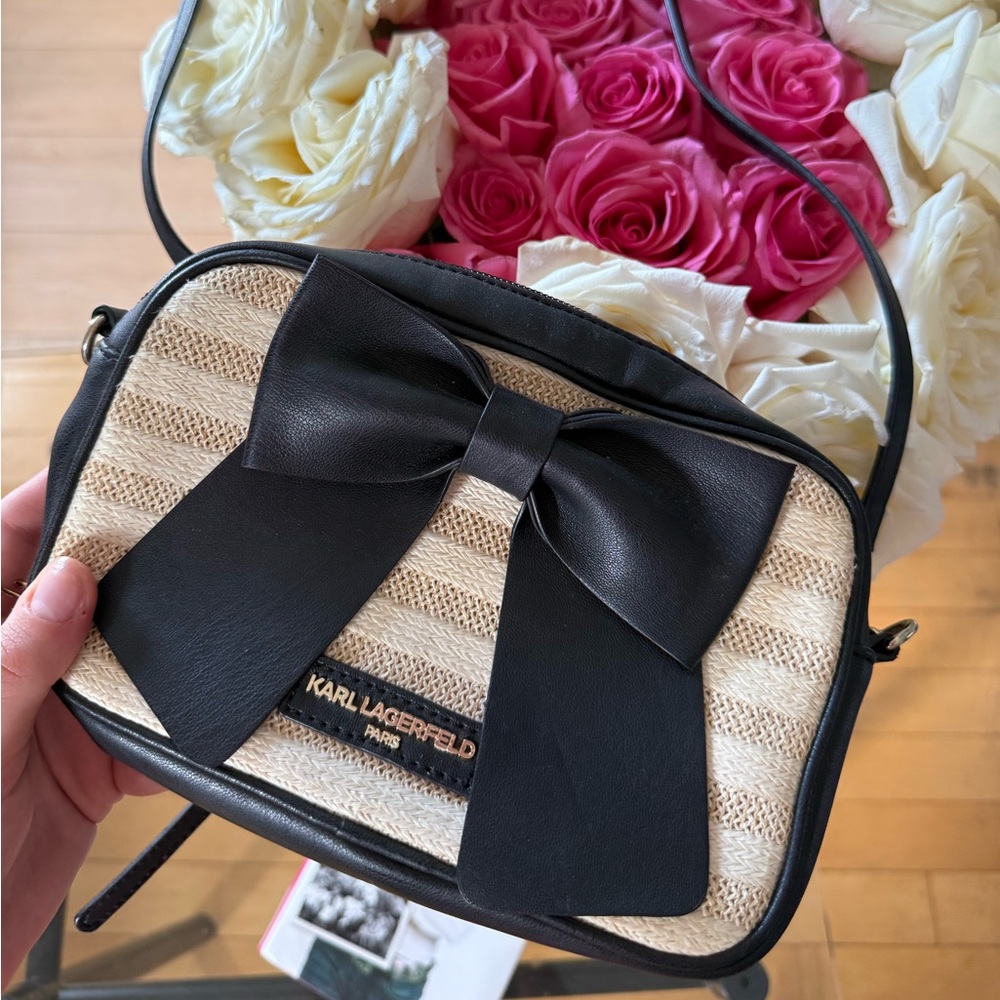 Karl Lagerfeld Black & Beige Leather Bow Crossbody Bag